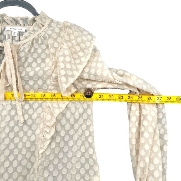August‎ Sky Cream Polka Dot Long Sleeve Ruffled Tie-Neck Blouse Victorian Medium - Picture 6 of 7